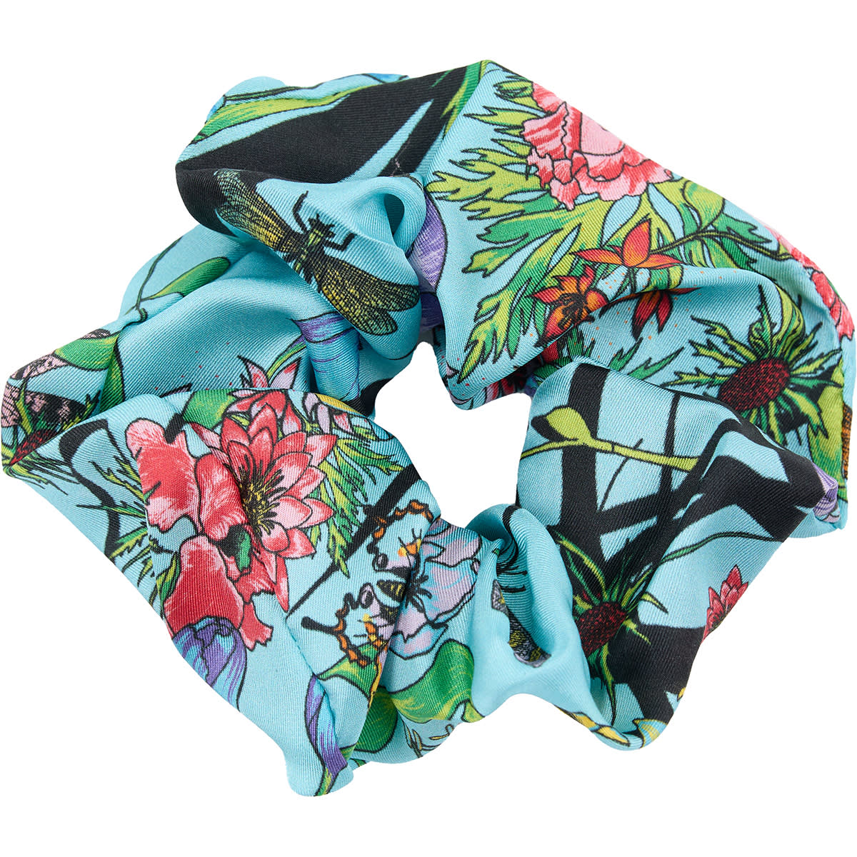 Living Garden Hair Scrunchie. 100% silk. Turquoise, pink, black. Bella Ballou