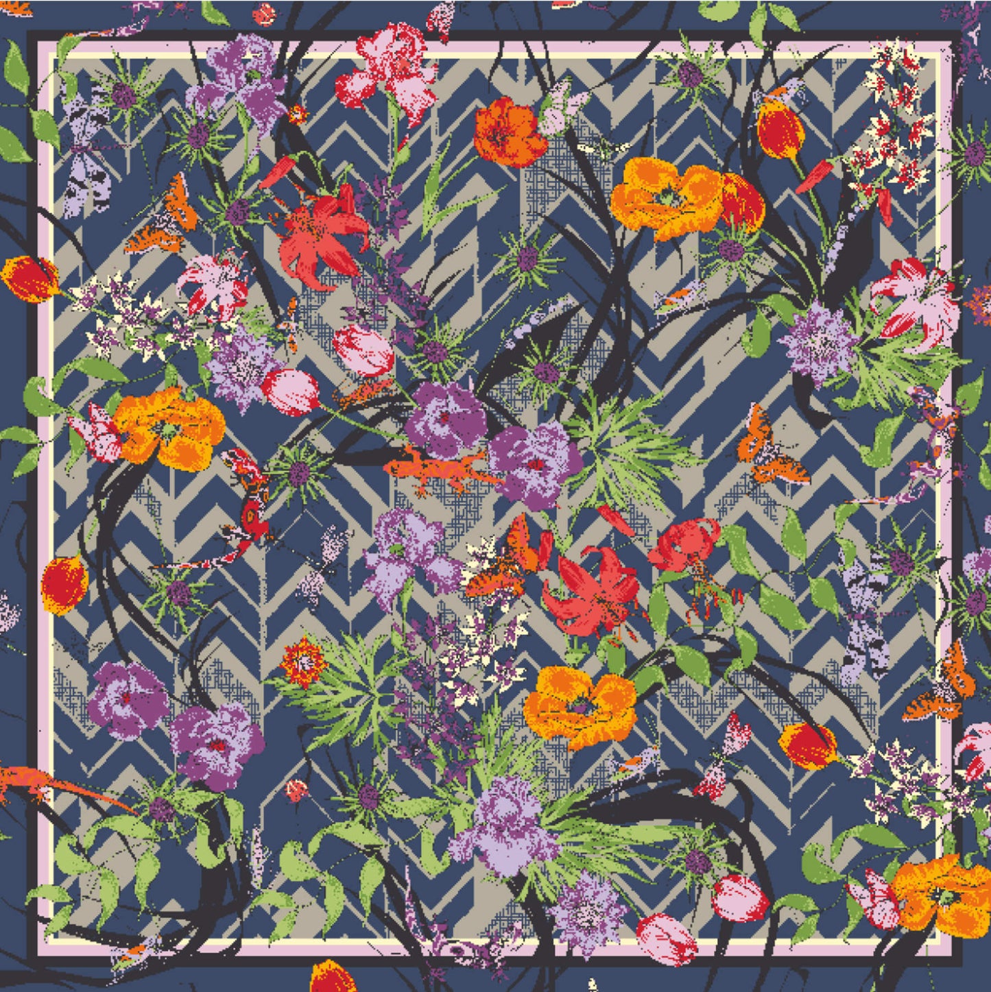 Living Garden Zickzack-Schal. 100 % Seide. Blau, Sand, Grün, Rot, Orange. Bella Ballou