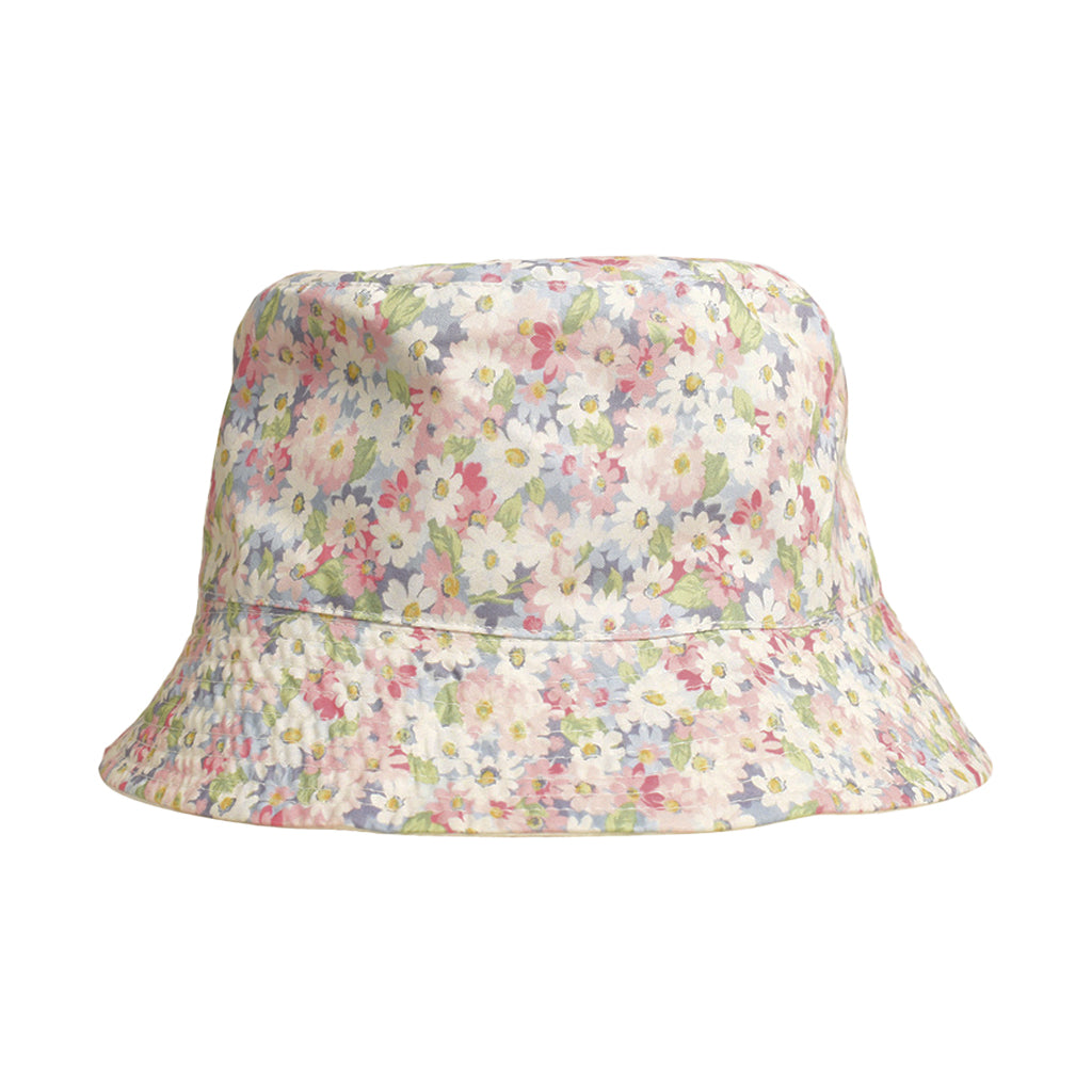 Bøllehat med blomster prints. Vendbar hat. Lyserød, grøn, blå og hvid. Polyester
