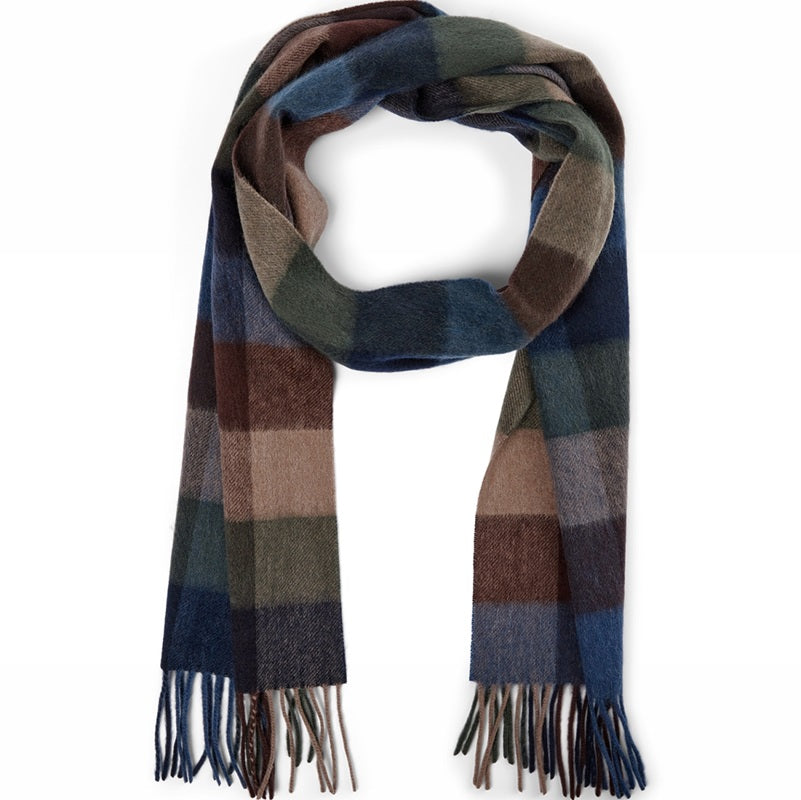 Gemusterter Schal für Herren. Beige, Braun, Blau, Grau. 100 % Wolle. Verbindungsbinder