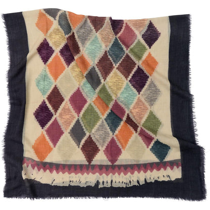 Diamonds tørklæde til kvinder. 100% uld. Aflangt. Sort, creme multi. Bella Ballou