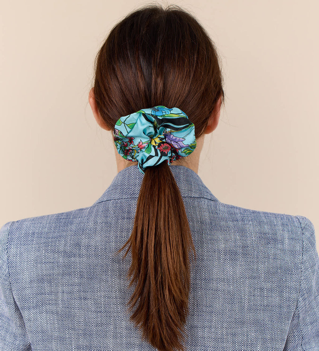 Living Garden Hair Scrunchie. 100% silk. Turquoise, pink, black. Bella Ballou