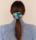 Living Garden Hair Scrunchie. 100% silk. Turquoise, pink, black. Bella Ballou