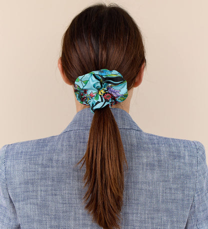 Living Garden Hair Scrunchie. 100% silk. Turquoise, pink, black. Bella Ballou