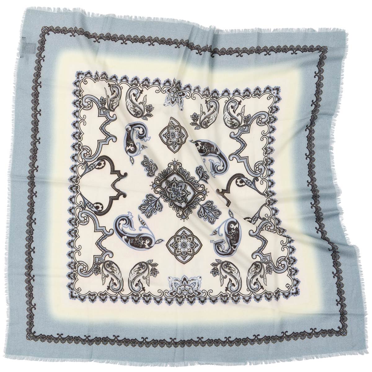 Schal mit Royal-Paisley-Muster und offenen Kanten. Unisex. 100 % Wolle. Hellblau. Bella Ballou