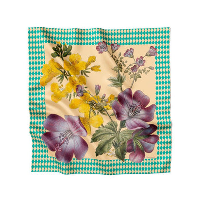 Harlekin-Blumen-Seidenschal für sie. 100 % Seide. Türkisgrün, Gelb. Flora Danica Dänemark