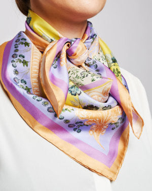 Sherbert Garden silk scarf. Large. 100% silk. Purple, yellow and pink. Flora Danica Denmark