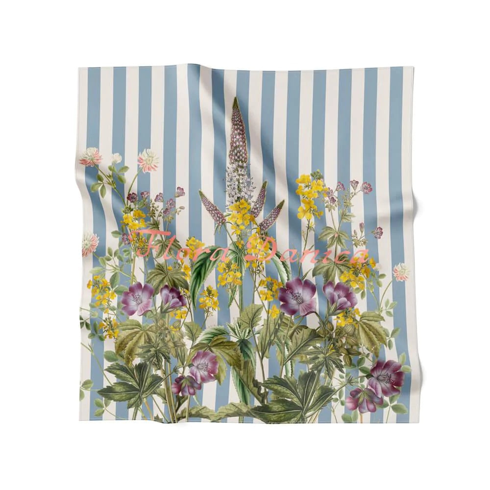 Striped Flower Meadon silk scarf. 100% silk. Blue, white and yellow. Flora Danica Denmark